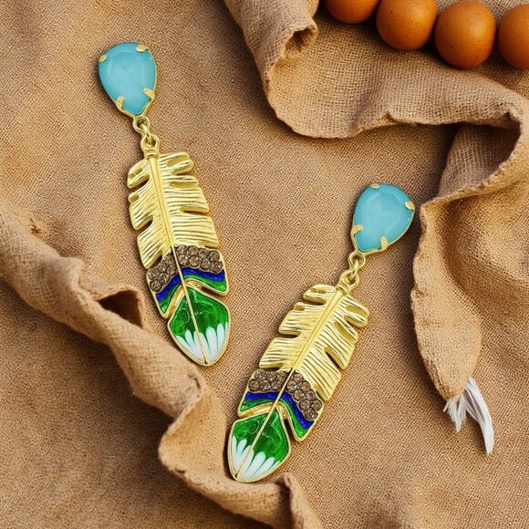 🆕️Boho Chic Feather Gemstone Earrings Gold Plated Festive Holiday Statement - Picture 5 of 11